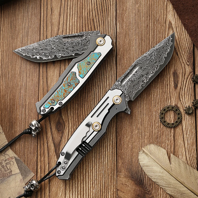 VNLA Damascus Steel Folding Sharp Fruit Knife Outdoor Camping hunting survival Tactics Collector EDCTool Knife Pocket Clip Knife