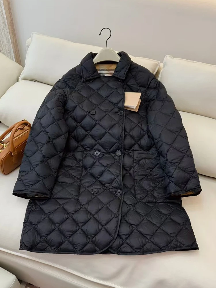 Retro diamond lapel double breasted medium length thin down jacket 2024 winter women's new fashion all-match straight jacket