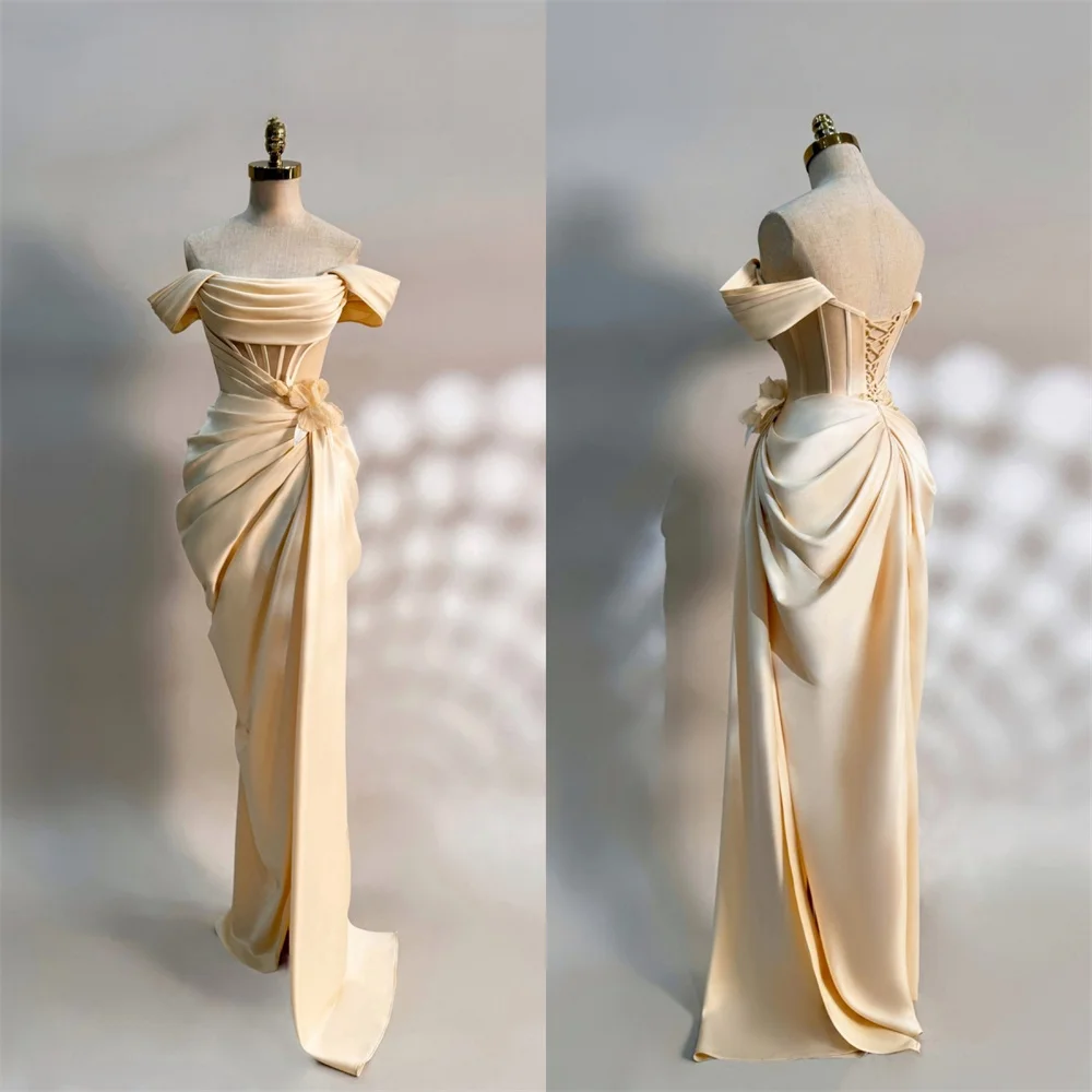 

Customized Saudi Arabia Evening Dress Dearin Off-the-shoulder Sheath Floor Length Open Back Skirts Shirred Ruffle Knot Handmade