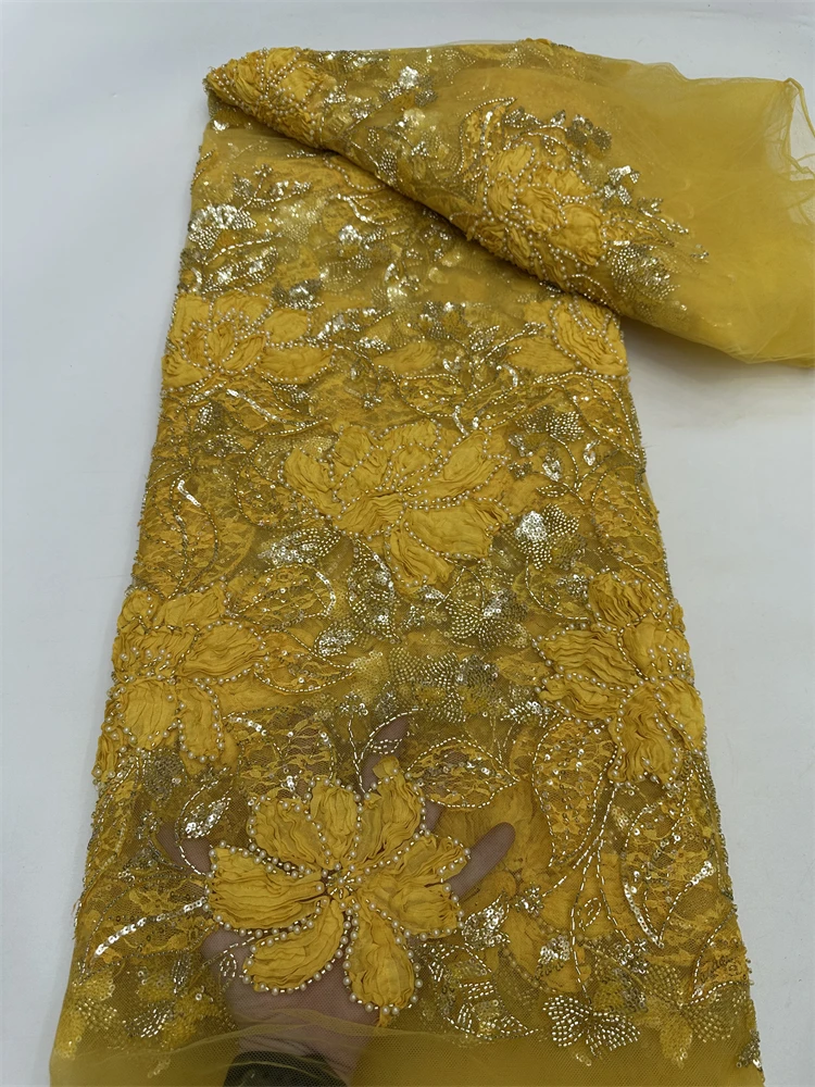 豪華なアフリカビーズネットメッシュレース生地 2025 ビーズ刺繍スパンコールフレンチチュールレースナイジェリアの結婚式のパーティードレス