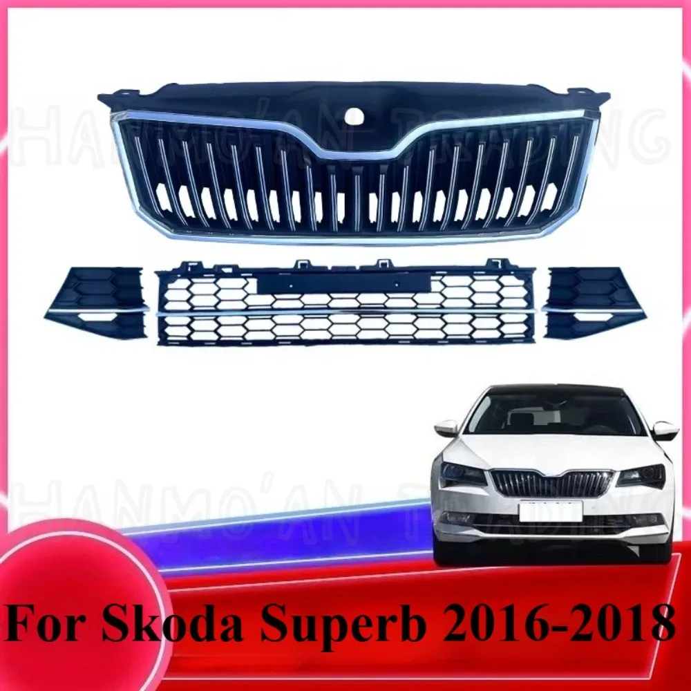

Для Skoda Superb 2016-2018: Гоночная решетка радиатора из ABS-пластика с хромированием, аксессуары для стайлинга автомобиля, верхняя решетка переднего бампера