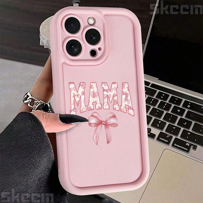 Funda de teléfono con diseño de letras de mamá con lazo rosa para iPhone 16 16E 15 14 13 12 11 Pro Max X XS XR 7 8 Plus, funda suave de silicona