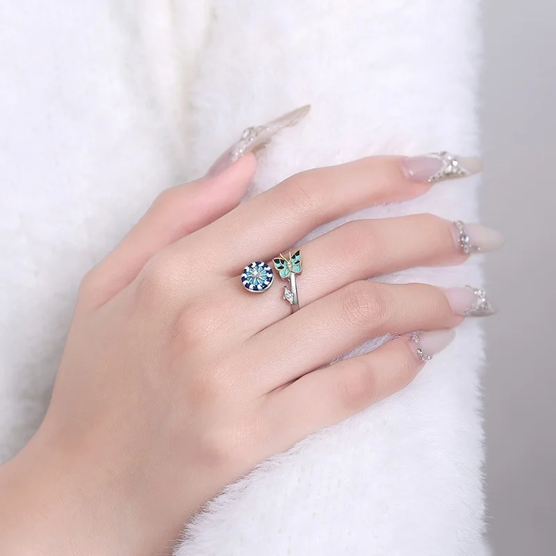 Spinning Anti Stress Blue Round Ring Relief Anxiety Fidget Jewelry Girls Delicate Butterfly Birthday Rings Rotate Accessories