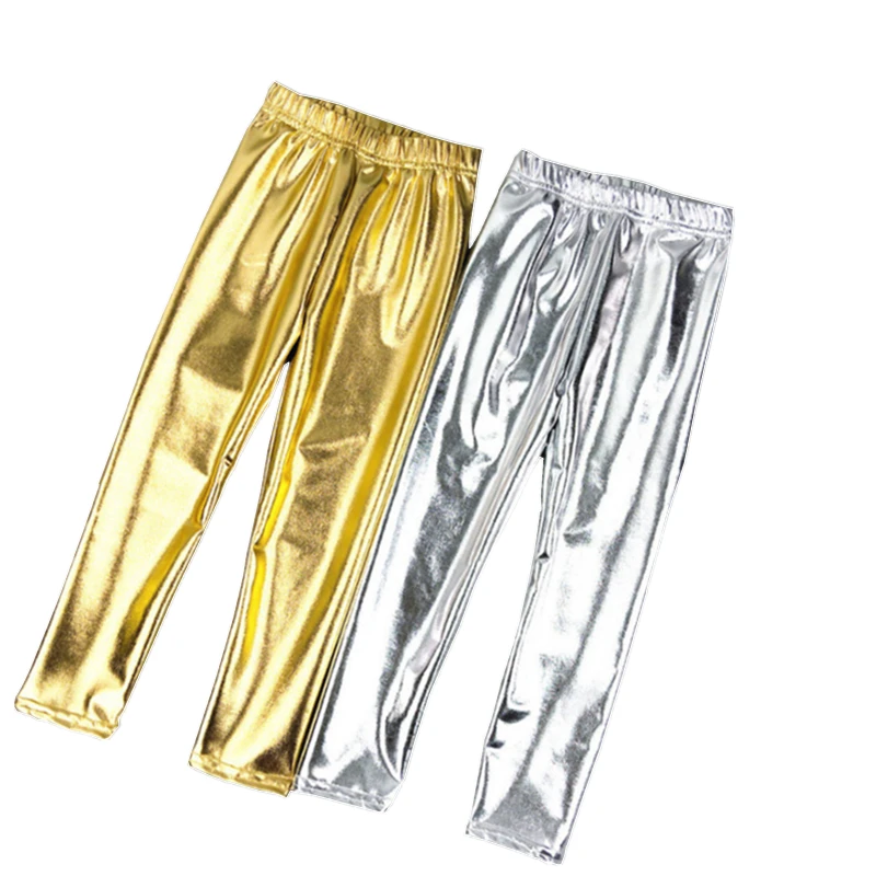 Kids Girl Leggings Elastic 2-12Y Pants Skinny Gold kids Metal Color Fuax Leather Baby Pents Leggings for Performances Costumes