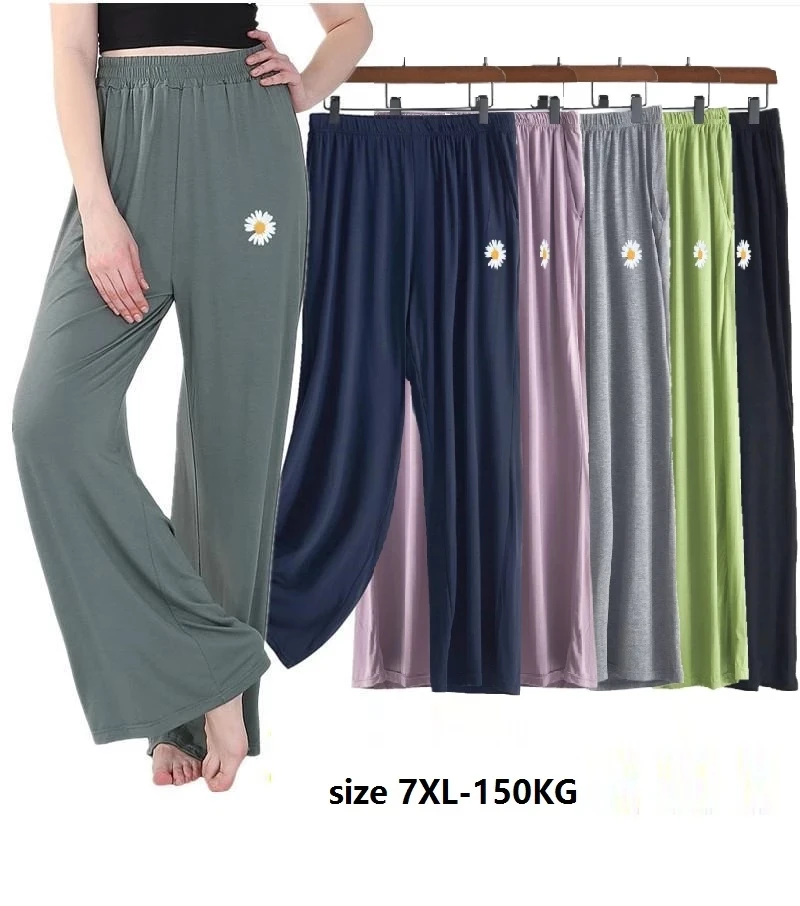 

Plus Size 7XL 150KG Autumn Wide Leg Pants Thermal pants Women Soft Comfortable Ladies Loose Flower Embroidery Homewear Big Pants