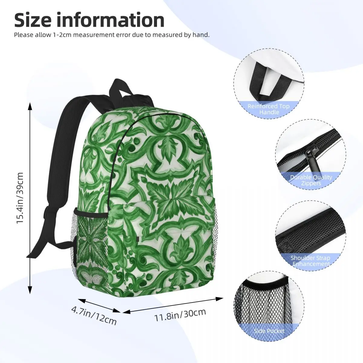 Green Ornate Floral Mediterranean Sicilian Tile Backpack Student Boys Girls BookBag Men Women School Bag Laptop Shoulder Bags