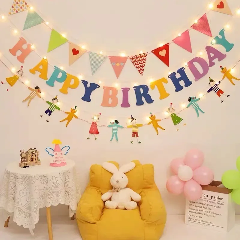 Alles Gute zum Geburtstag Banner Set Buntes Papier Hängende Flagge Geburtstagsthema Partydekorationen Jungen Mädchen Babyparty Dekor Foto Requisiten
