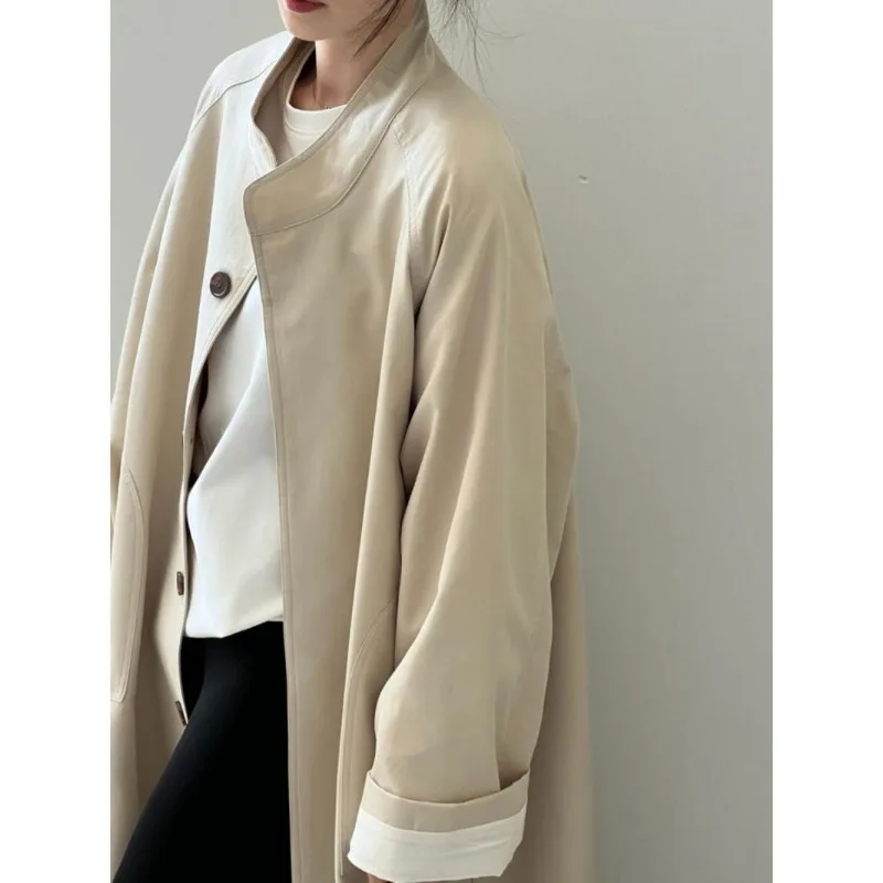 Fraya Lab Nowy Modny Casualowy Płaszcz Trencz z Stójką Damski Wiosenny Casualowy Płaszcz Trencz z Wykładanym Kołnierzem Zapinany na Guziki