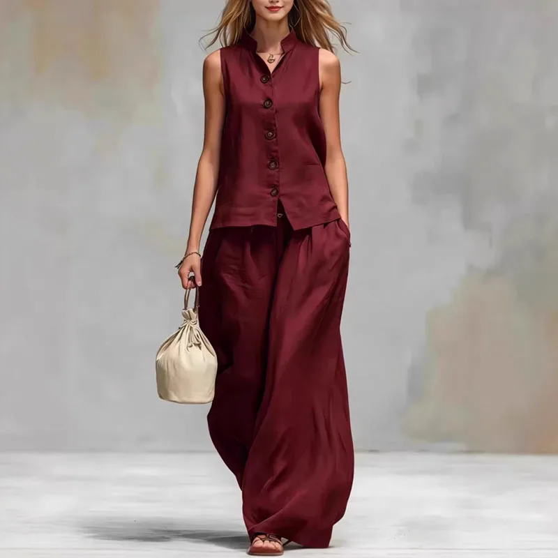Bohemian High Waist 2Pcs Suit Women Stand Neck Sleeveless Button Vest Oversized Wide Leg Pants Sets Casual Holiday Travel Outfit view 5