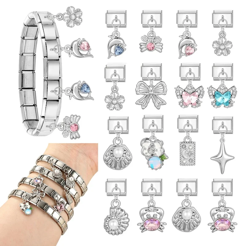 Shiny Zircon Butterfly Dolphin Heart Crab Italian Charm Link Fit 9mm Stainless Steel Bracelet Women Jewelry DIY Making Wholeasle