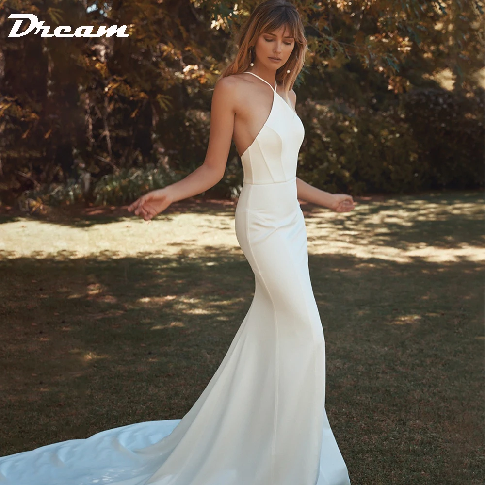 

DREAM Crepe Elegant Halter Sleeveless Sheath Wedding Dress For Women Plain Simple Backless Sweep Train Bridal Gown