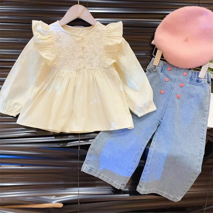 Korean Style Autumn Baby Girls Shirts Blouses Beige Lacy Flower Print Flying Sleeves Patchwork Pleated Dresses Kids Tops Tees