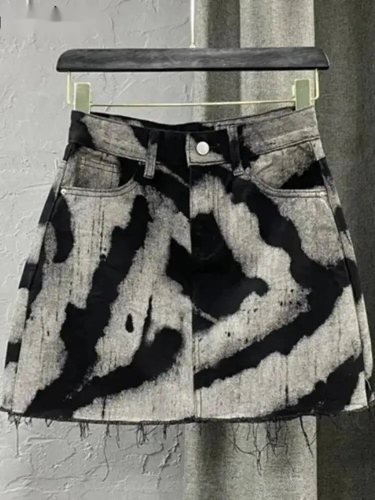 Grau Tie Dye Druck Mode Denim Mini Röcke Frauen Hohe Taille Taste Tasche A-line Jean Röcke Sexy Y2K Streetwear Y207