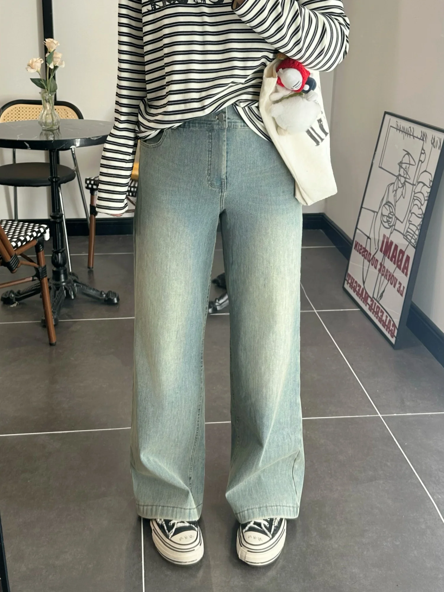 

plus Size Women's Fleece Lined Denim Wide Leg Pants Casual Slimming Hip Covering Korean Style Winter New Arrival Thick Sister