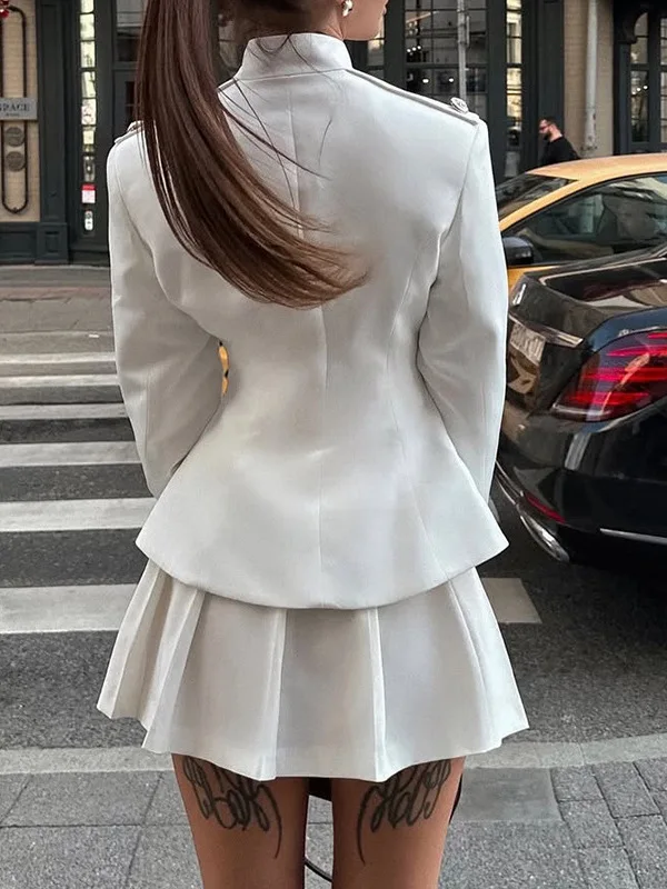 White Women's Loose Profional Small Suit Dr Ele Waist-Cinching Long Sve Pure Color Versatile Outerwear