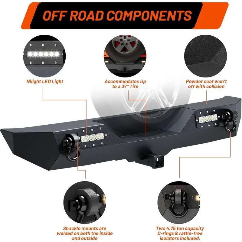 Tylny zderzak kompatybilny z Wrangler JL i Unlimited JLU, Rock Crawler Off Road Pełnowymiarowy zderzak z 2 światłami LED i 2 pierścieniami D