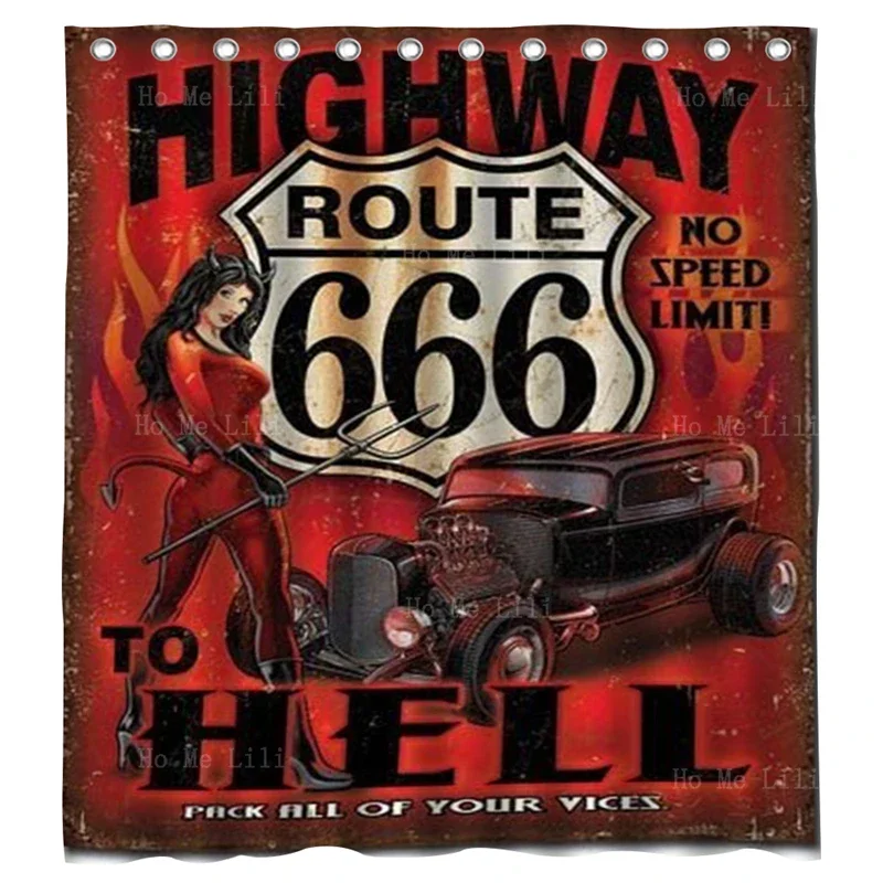 Americas Highway To Hell Tin Route 66 Logo Retro Vintage Metal Advertising Sign Car Poster Shower Curtain By Ho Me Lili