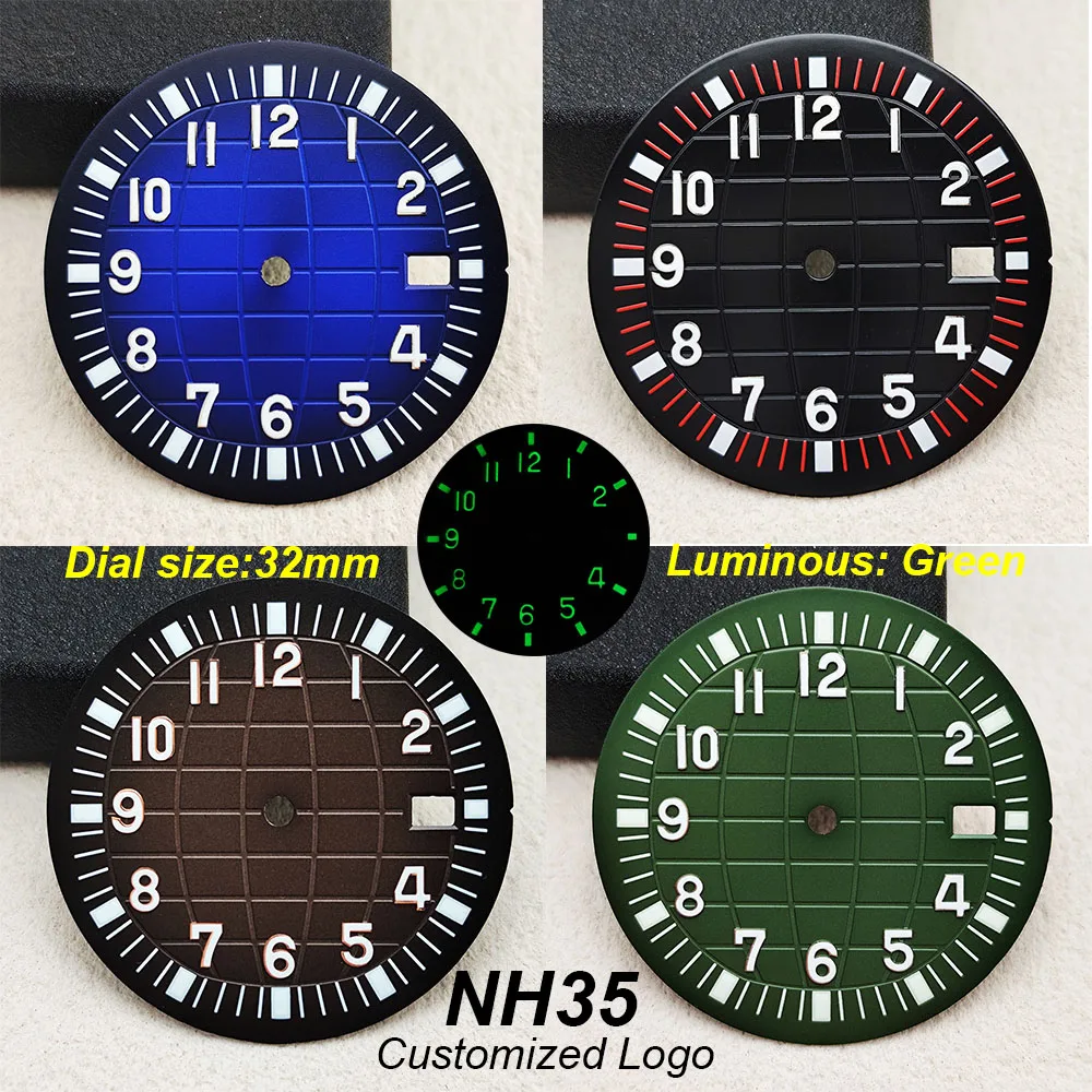 New NH35 dial, customized logo, green glowing 32mm men's watch suitable for NH35 movement watch accessories, repair tools