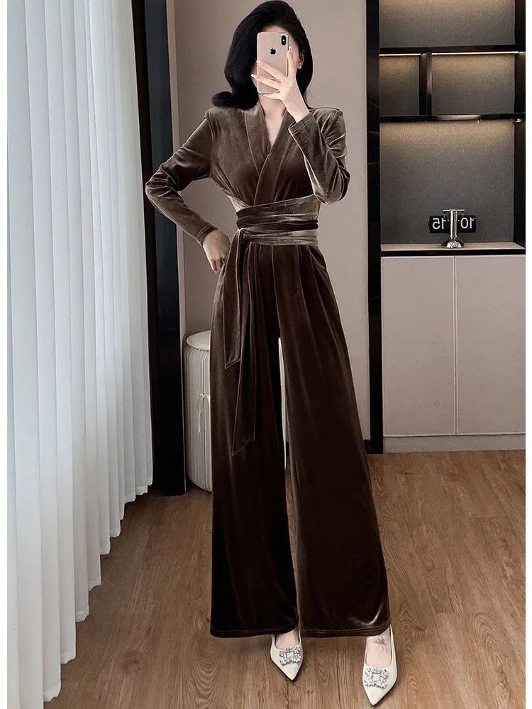 SMTHMA New Autumn Winter Celebrity Velvet Jumpsuit V-Neck Slimming High Waisted Tie Up Wide Leg Pants