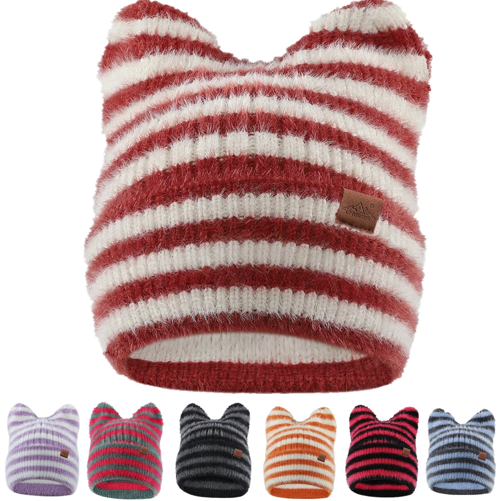 Gorąca Wyprzedaż Damska Czapka Beanie Y2K Miękka Ciepła Czapka z Uszami Kota i Paskami Modna Czapka Outdoorowa Ciepła Czapka Beanie dla Dziewczyn