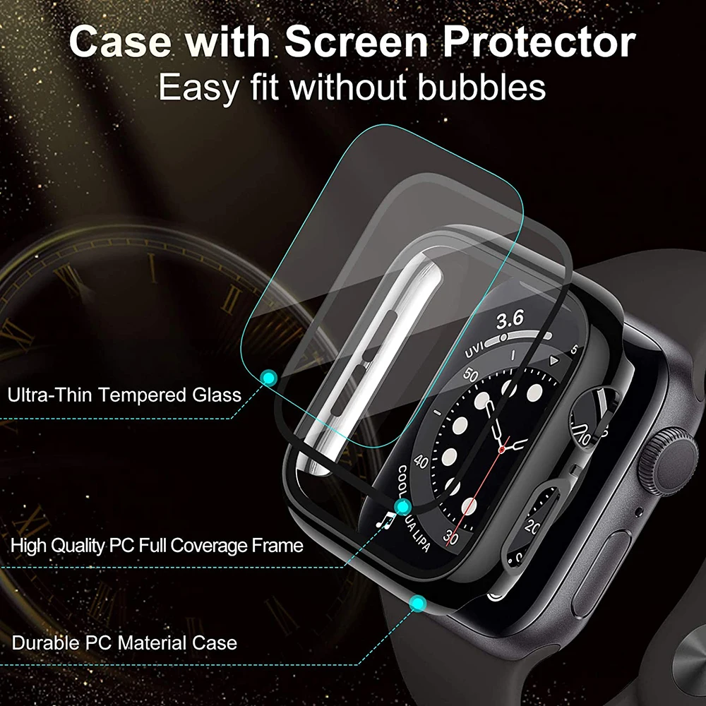 Case for Apple Watch Series 9 45mm 41mm 44mm 40mm 42mm 38mm, Plating Case Glass Screen Protector for iwatch 9 8 7 SE 6 5 4 3 2 1