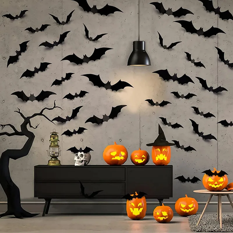 12/48pcs Halloween Sticker Decoration 3D Black Bat Spider Ghost Halloween Party Bar Room Decor Party Scary Props Wall Sticker