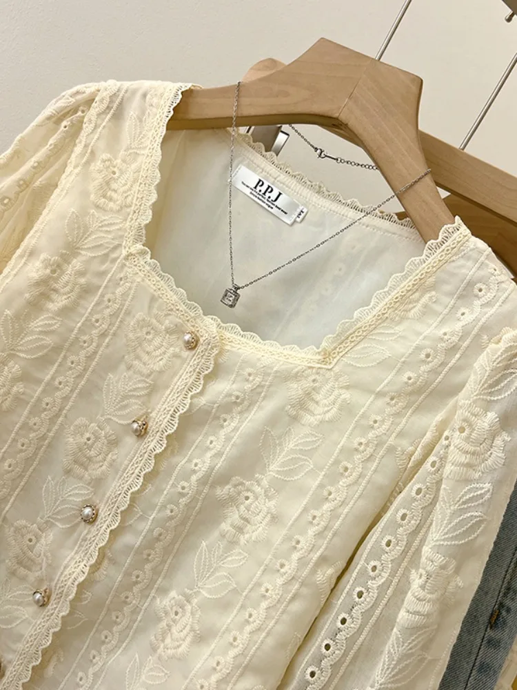 Ele Long Sve pizzo ricamato irt donna primavera autunno Faion colletto quadrato abbottonatura top in chiffon Age Defng