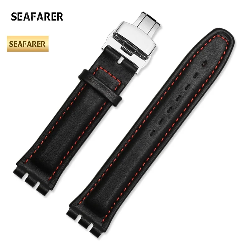 Concave-Convex Leather Watch Strap for Swatch Swatch Yrs Ycs 17mm 19mm Men and Women Couple Butterfly Clasp