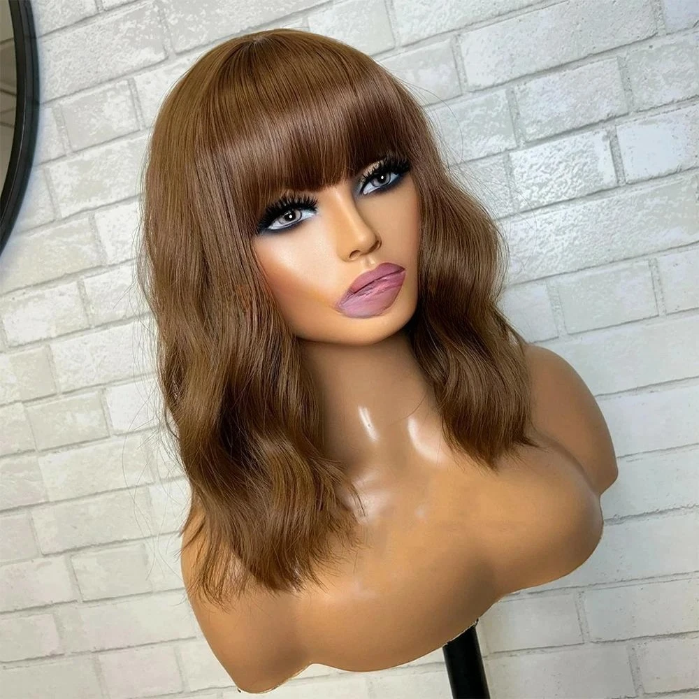 Chocolate Brown Short Bob Body Wave Lace Front Wig With Bangs 13x4 HD Pre Plucked Glueless Synthetic Daily Cosplay On Clearance