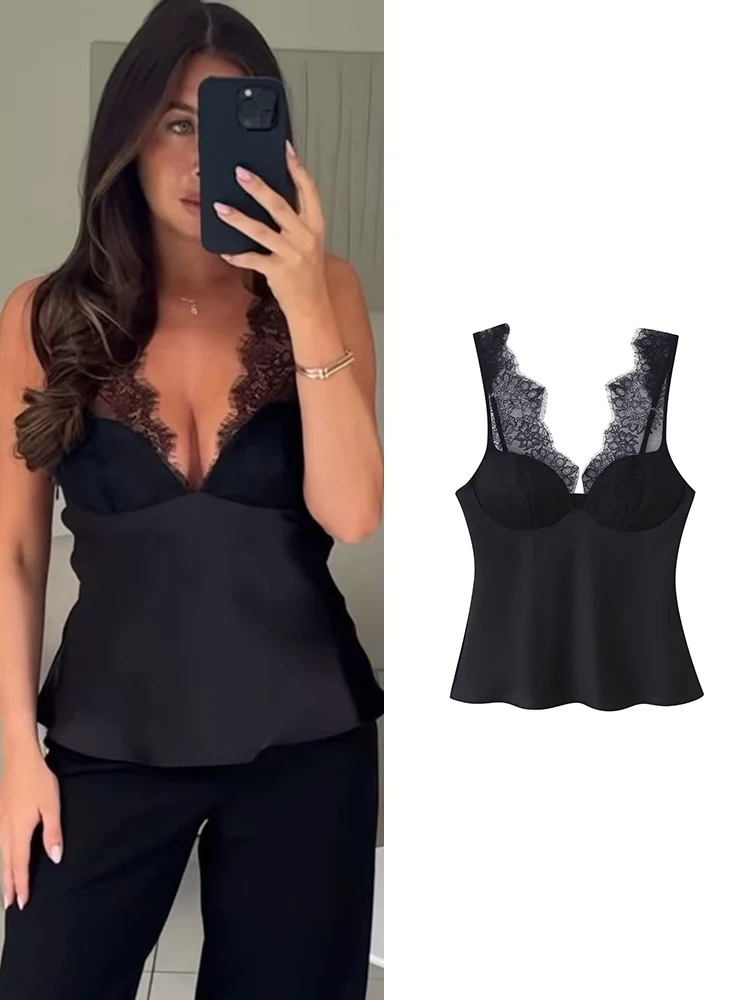 Women's Elegant Camisoles Sexy Splice Lace Sleeveless Sling Top Fashion Slimming Vintage Tank Top 2026 New Lady Street Wear