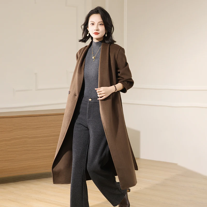 

2025 New Waist-Cinching Women's Coat 100% Pure Wool Double-Sided Woolen Coat V-Neck Small Cuffs Wool Coat