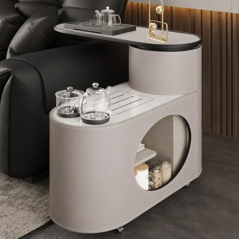 Mobile Modern Solid Wood Saddle Leather Tea Table Retractable Push Pull Side Table Kettle Cabinet Integrated Design