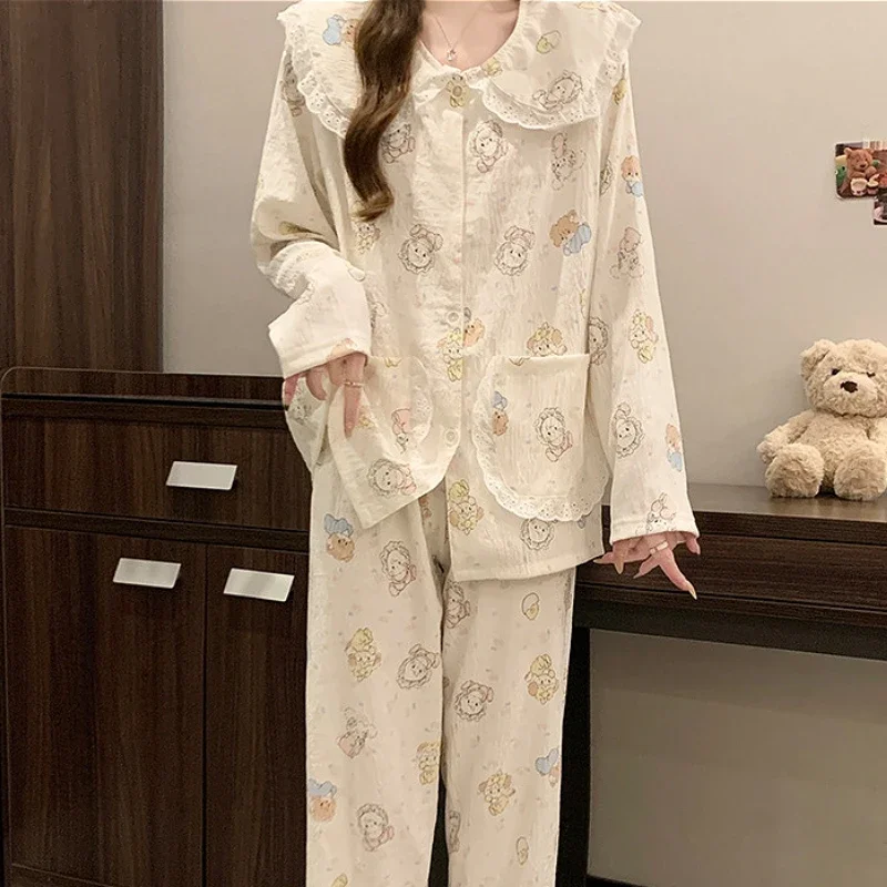 Conjunto de pijama de encaje de dibujos animados Mikko, ropa de descanso bonita y cómoda, dormitorios, dormitorios, regalos navideños, pijamas cálidos para interiores y exteriores