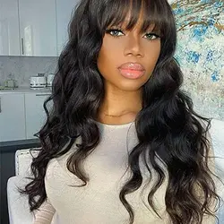 Body Wave Cabelo Humano Perucas com Franja Para Mulheres, Peruca Feita Máquina Completa Com Bang, Remy Natural Longo, Brasileiro, 18