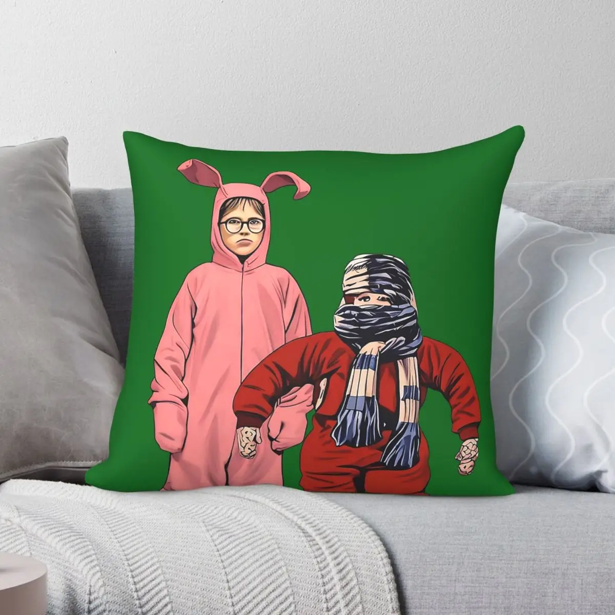 Christmas Story Pink Bunny Suit Pillowcase Polyester Linen Velvet Pattern Zip Decorative Bed Cushion Cover