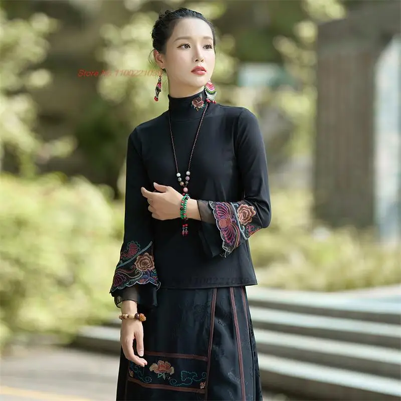 2025 chinese traditional t-shirt national flower embroidery stand collar shirt vintage hanfu tops oriental tang suit base shirt