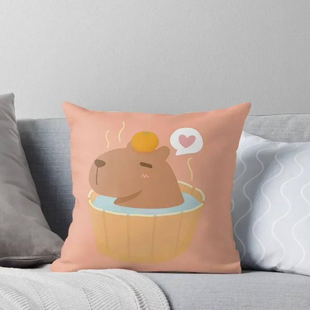 

Cute Brown Capybara Chilling in an Onsen with Orange on Top of Their Head Throw Pillow covers for pillows pillow