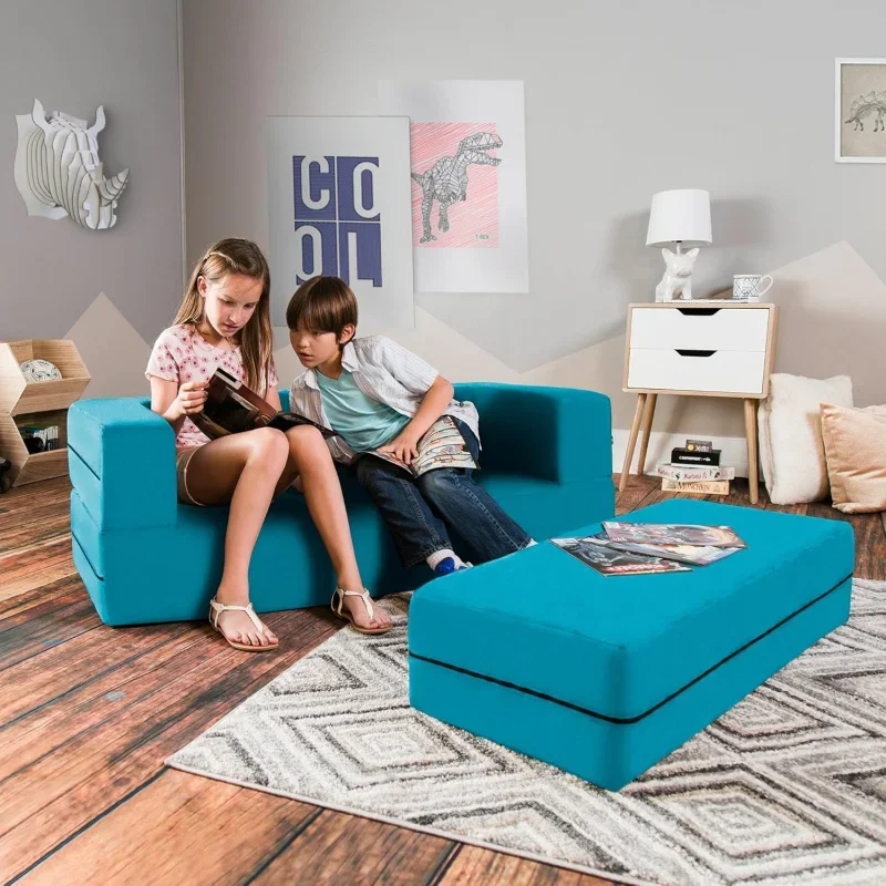 Jaxx Zipline Kids Sofa & Large Ottoman, 3 in 1 Fold Out Sofa, Big Kids Edition, Teal