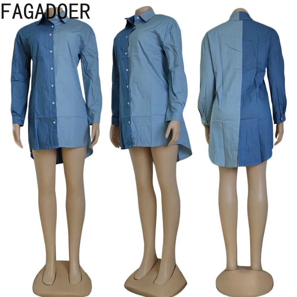 FAGADOER Fashion Denim Splicing Turndown Collar Button Shirt Dresses Women Long Sleeve Loose Irregular Vestidos Female Clothing