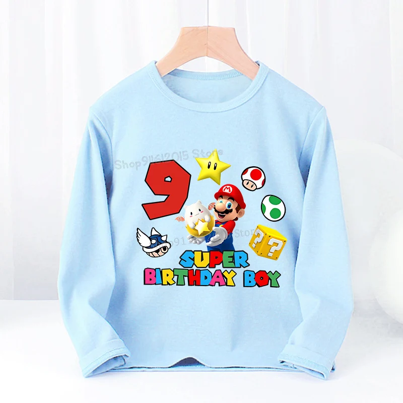 Super Marios Birthday Boy T-Shirt Long Sleeve Number Tee Shirts Autumn Clothes Kids Casual Tops Toddler Party Clothes Baby Gift