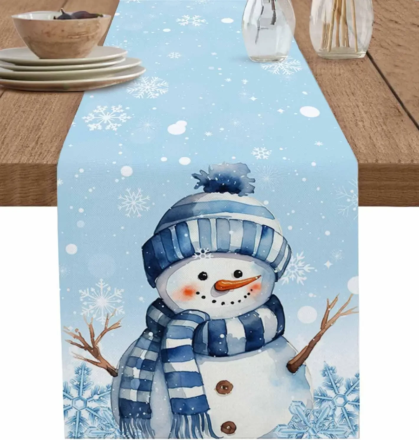 Christmas Blue Snowman Linen Table Runners Dresser Scarves Table Decor Snowflake Dining Table Runners Christmas Decorations 2024