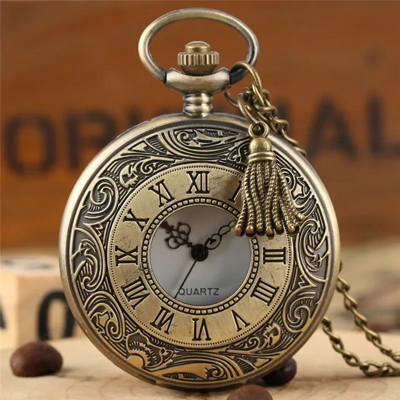 Bronze Antique Pocket Watch with Pendant Tassels Design Hollow Out Roman Number Cover Quartz Movement Necklace Chain Reloj