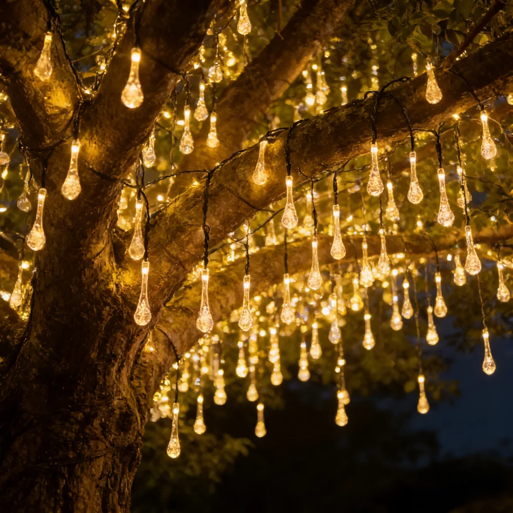 1pc Solar-Powered LED Teardrop String Lights, Decorative Hanging Lights for Christmas, Wedding, Holidays, Garden, Wall, Yard