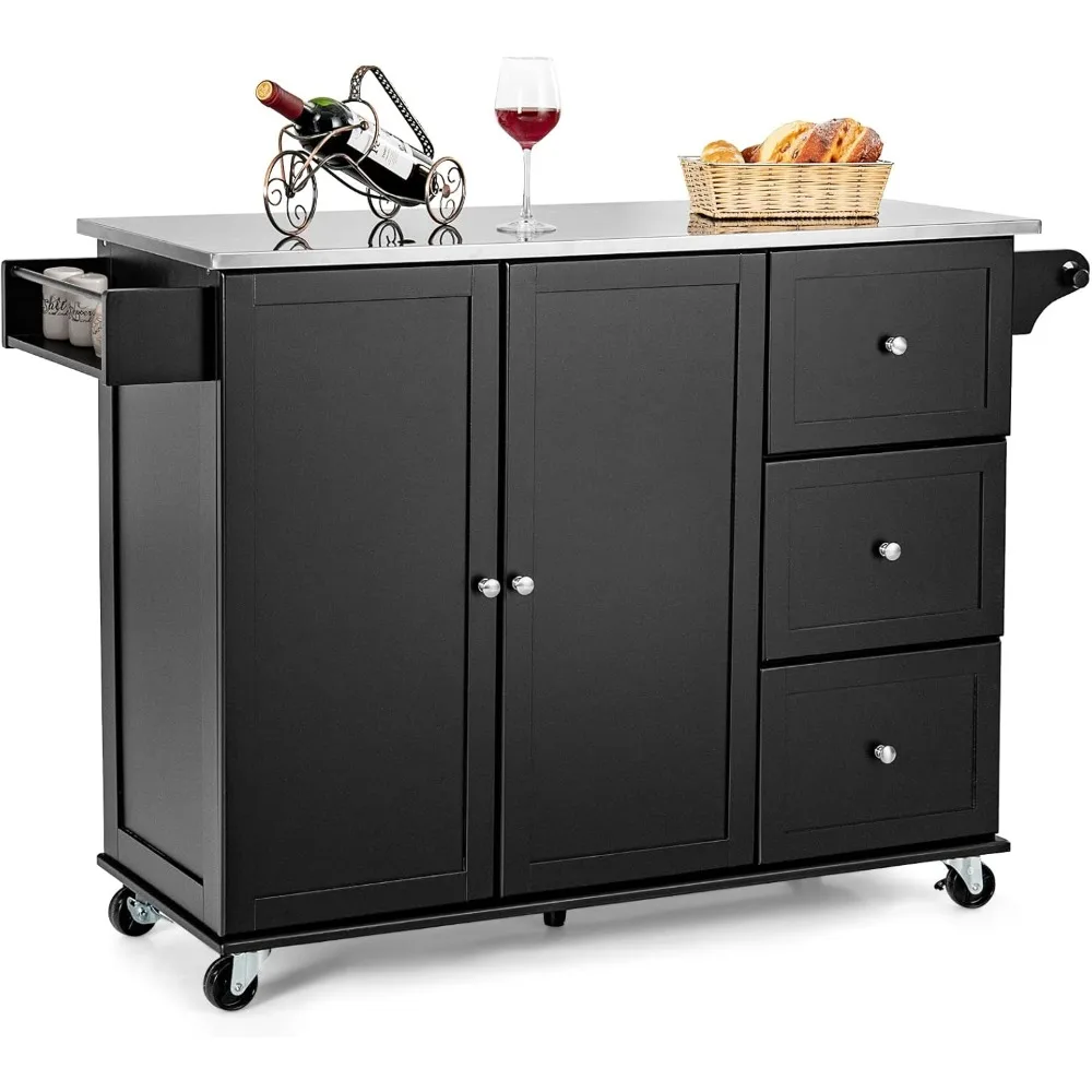 Kitchen Island with Stainless Steel Countertop, Kitchen Cart Rolling Trolley with Towel Holder and Spice Rack, 3 Drawers