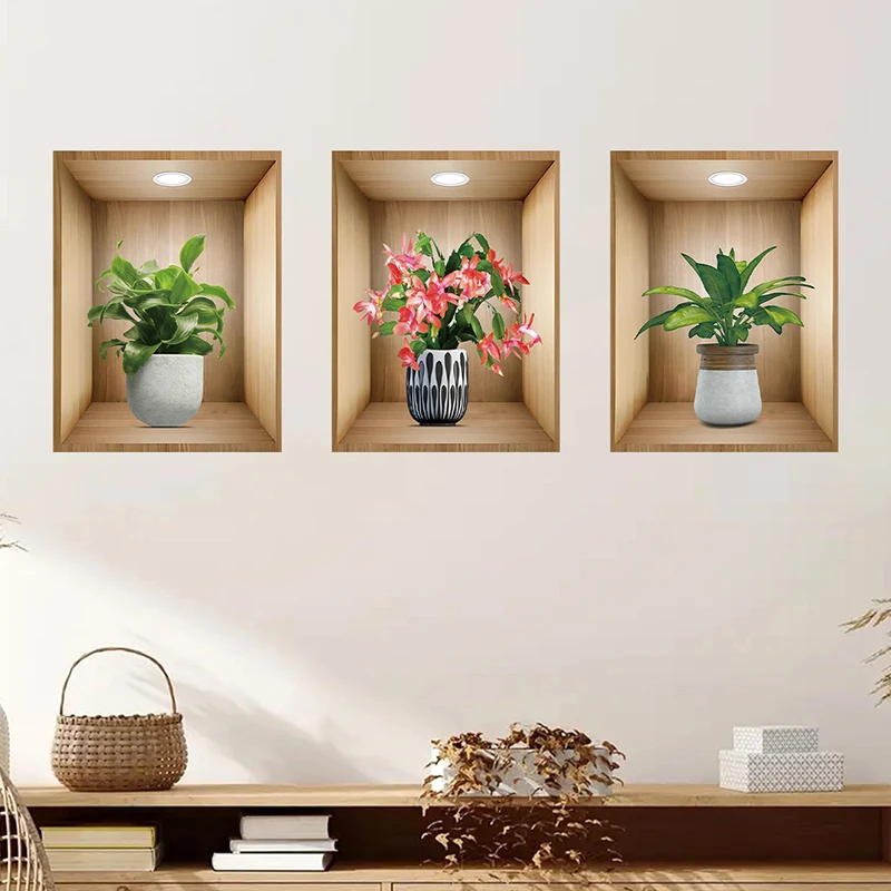 3 قطع من ملصقات الحائط ذات الألوان المائية الواقعية على شكل زهرة بوعاء قابلة للإزالة لغرفة النوم وغرفة المعيشة وديكور الحضانة وشارات الحائط #5