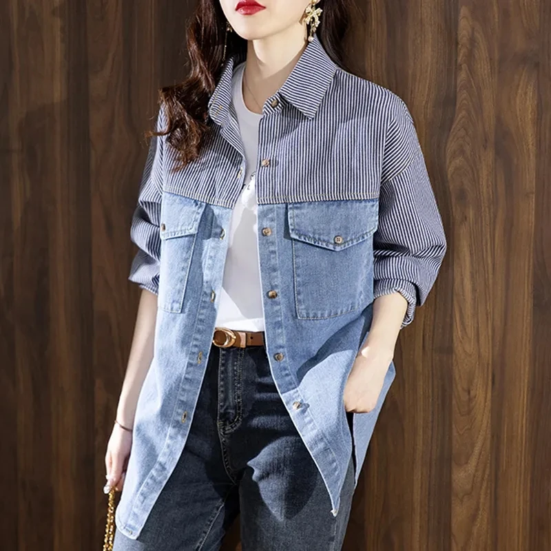 

Новое женское джинсовое пальто, женская джинсовая куртка средней длины, весенне-осенняя женская свободная модная джинсовая куртка, тонкие джинсовые рубашки