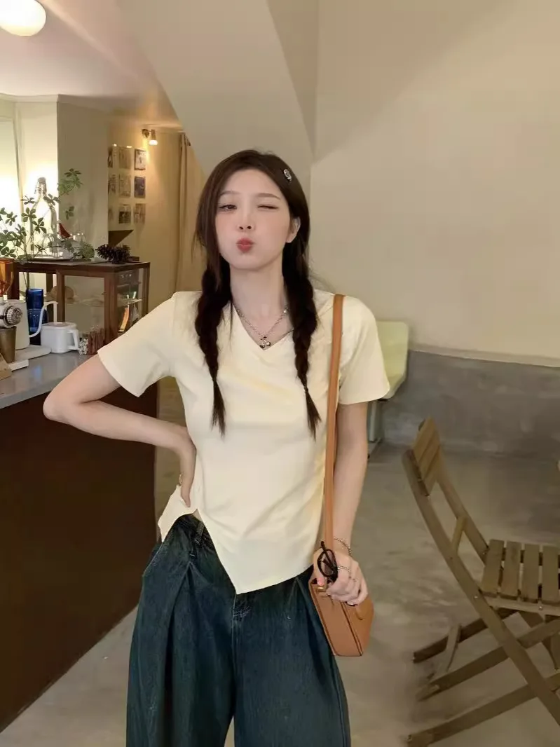 Pale Yellow V-Neck Side Ruched Split Hem Short Sleeve T-Shirt Women Slim Irregular Casual Basic Top