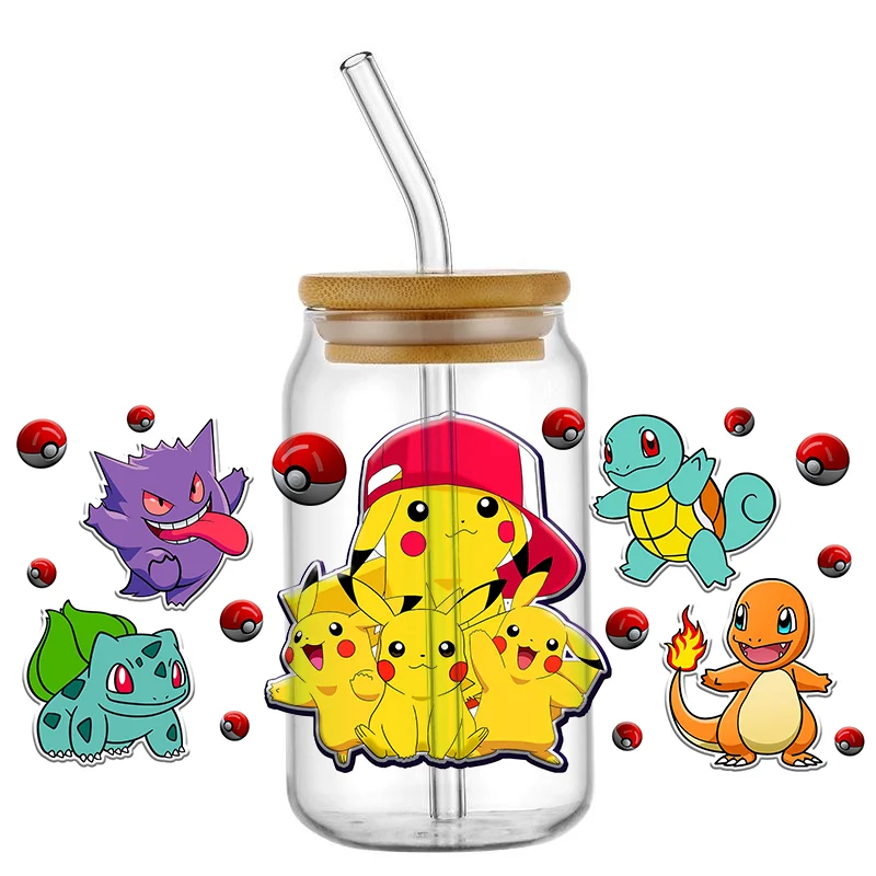 Miniso Mixed Cartoon Designs Pokemon Pikachu Printed 3D UV DTF Transfers Japanese animation Stickers 16oz Cup Wrap For DIY Glass