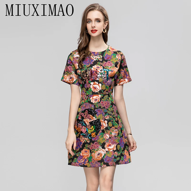 

MIUXIMAO 2023 Woman Clothing Sleeveless Rose Flower Sequined Above Knee Retro One Piece Dress women's Luxury Party Dress