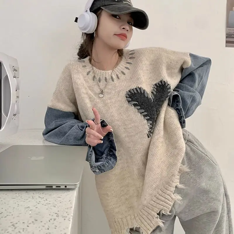 

Lazy style love denim patchwork sweater for women in spring, autumn and winter niche design ripped loose sweater women clothing